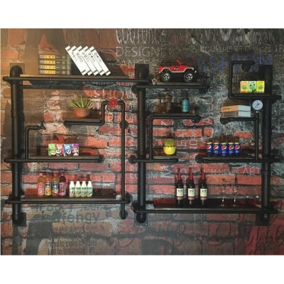 复古水管壁挂墙上置物架铁艺实木隔板书架储物架客厅背景装饰酒架