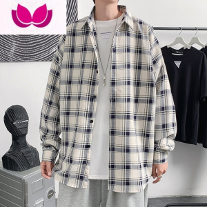 七斓秋季港风复古格子衬衫男长袖韩版潮流宽松休闲寸衫青少年衬衣外套