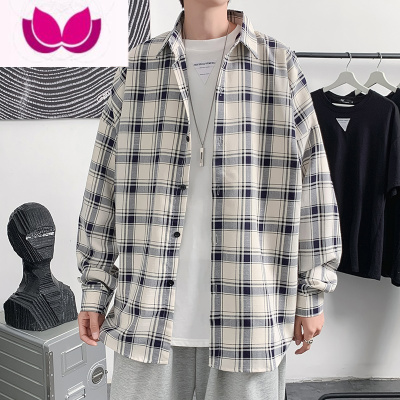 七斓秋季港风复古格子衬衫男长袖韩版潮流宽松休闲寸衫青少年衬衣外套