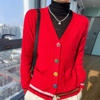 春秋女装韩版口袋毛衣外套宽松女式V领长袖外搭彩扣针织开衫