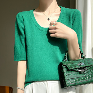 春夏新款安迪绒U领短袖T恤女薄款简约百搭修身针织打底中袖上衣