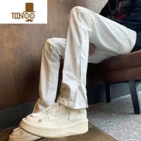 YANXU白色修身牛仔裤男秋季美式vibe风裤子痞帅拉链开叉提档微喇直筒裤
