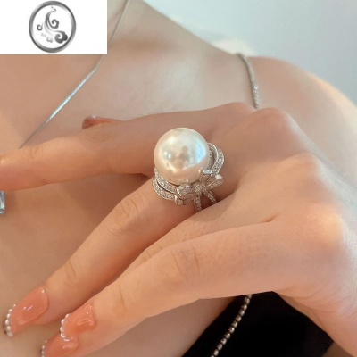 JiMi珍珠戒指女款高端网红新品仿真淡水贝珠蝴蝶结满钻开口戒指女