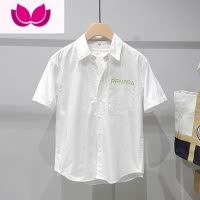 七斓口袋字母印花白色衬衫男士短袖夏季薄款时尚休闲简约纯色衬衣