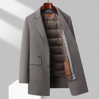 手工缝制秋冬烧花工艺100%羊毛双面尼大衣男士脱卸鹅绒内胆呢大衣