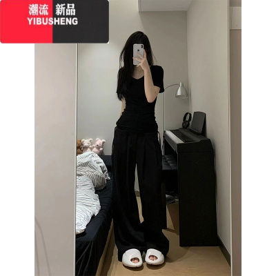 YIBUSHENG美式辣妹V领黑色短袖t恤女季正肩紧身修身显瘦内搭打底上衣