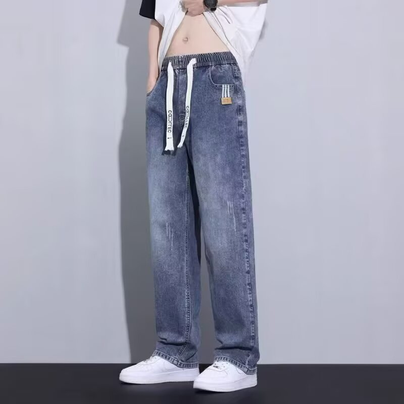 松紧腰牛仔裤男士美式高街裤子薄款直筒型阔腿宽松休闲裤