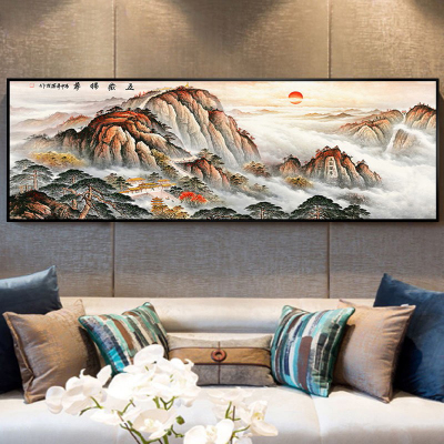 舒厅山水画中式沙发背景墙挂画现代中式大气客厅装饰画书房办公室中国风壁画五岳独尊（80*240cm）