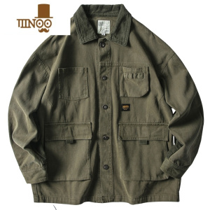 YANXU日系复古机能夹克男潮流宽松多口袋休闲军绿色男士工装外套