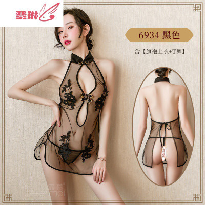 情趣内衣服复古旗袍网纱透视小胸惑套装露背性感女超骚费琳