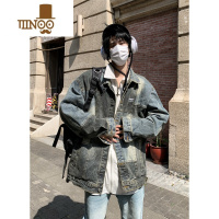YANXU美式新款日系复古牛仔外套男水洗拼接设计感潮牌翻领休闲夹克