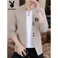 花花公子卡其色毛衣男士针织衫秋新款大码高端刺绣设计线衣外套男