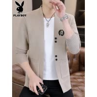 花花公子卡其色毛衣男士针织衫秋新款大码高端刺绣设计线衣外套男