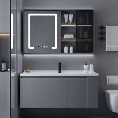 (送入户安装)汉德斯科免漆多层实木智能镜柜浴室柜组合一体陶瓷盆带侧边格子洗漱台洗手盆洗脸盆柜卫浴柜吊柜挂墙式6046