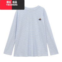 YIBUSHENG小清新条纹长袖防晒T恤女装季新款刺绣宽松中长款薄款罩衫上衣