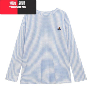 YIBUSHENG小清新条纹长袖防晒T恤女装季新款刺绣宽松中长款薄款罩衫上衣