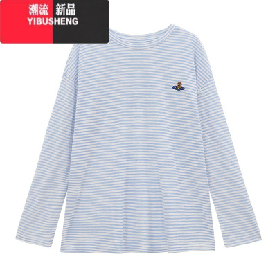 YIBUSHENG小清新条纹长袖防晒T恤女装季新款刺绣宽松中长款薄款罩衫上衣