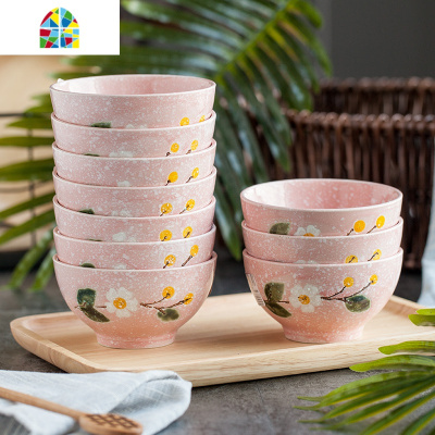 天天陶瓷碗日式4.5英寸米饭碗小汤碗雪花瓷釉下彩小碗10个装 FENGHOU 4.5英寸浪漫满屋樱花10个装