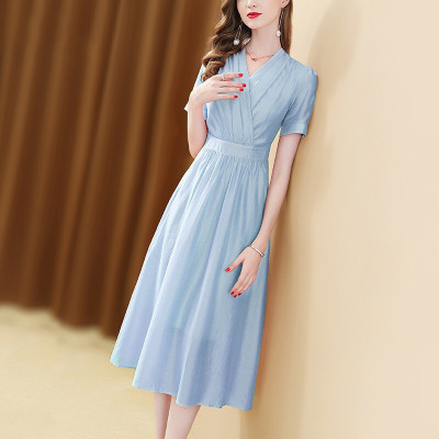 rodyhisii品牌女装v领纯色连衣裙2021夏季新款粉色淑女范修身显瘦中长