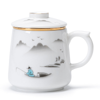 金镶玉茶杯三件套 羊脂玉瓷家用陶瓷白瓷茶水分离马克杯功夫茶具礼盒装 称心如意羊脂玉瓷马克杯