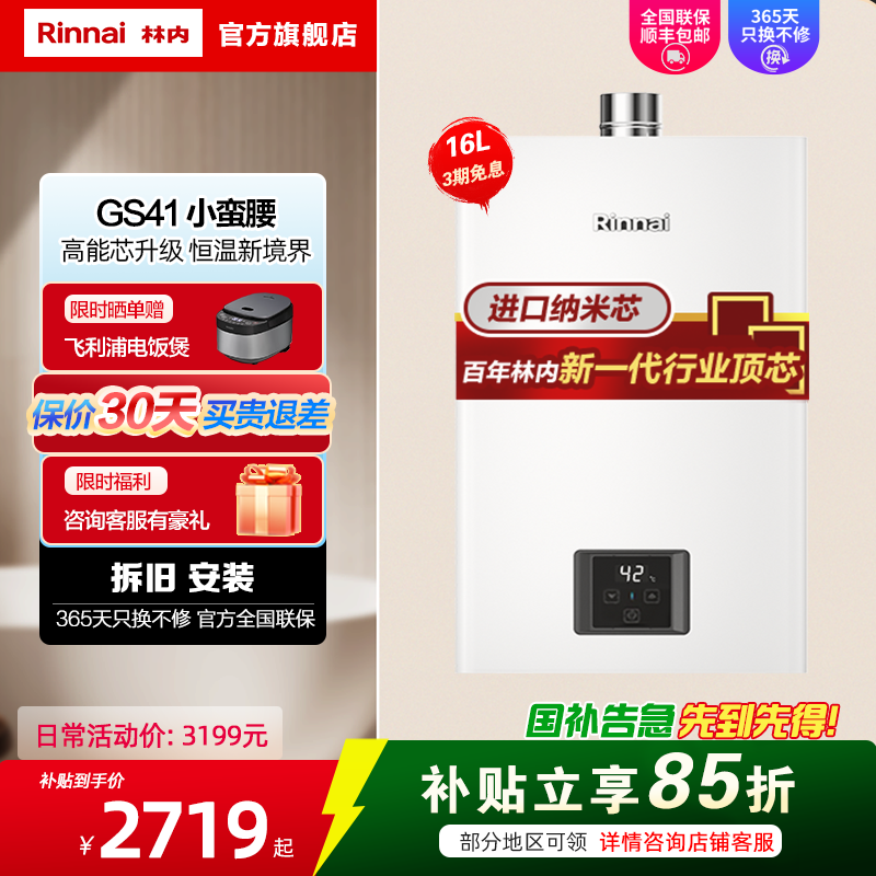 林内/Rinnai 16升燃气热水器16GS41(JSQ31-GS41)智能变频恒温水气双调防风防冻 小蛮腰
