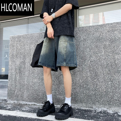HLCOMAN牛仔短裤男款夏季vintage潮牌复古水洗宽松直筒做旧阔腿五分中裤