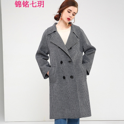 锦铭七玥2018春季新款女士双排扣千鸟格长款毛呢外套呢子大衣修身羊毛大衣
