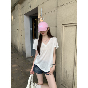 甜美风夏季正肩薄款设计感上衣百搭松弛感韩系V领微透短袖T恤女