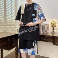 ThreeSons短袖套装男夏季新款个性印花潮流港风宽松型青少年五分袖