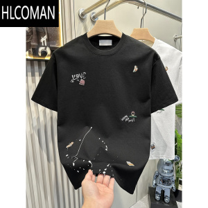 HLCOMAN高端个性刺绣短袖t恤男衣服2025夏季新款男士圆领半截袖
