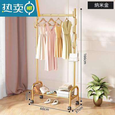敬平金色晾衣架落地室内单杆式挂衣架子卧室衣服收纳架家用简易衣帽架 [纳米金]60CM+仙人掌 1个晾衣杆