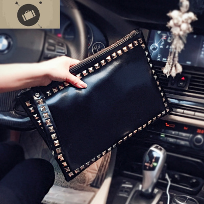 青年男女潮流铆钉手拿包时尚韩版皮质手腕包个性百搭ipad手抓包艾狄伊娃手拿包男黑色