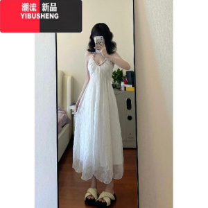 YIBUSHENG小个子145季纯欲大露背挂脖吊带雪纺连衣裙150法式仙女海边长裙