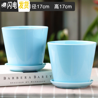 三维工匠花盆陶瓷大中号北欧简约组合家用带托盘塑料多肉花盆 平亮光天空蓝2个 大花盆容器