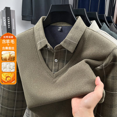 冬季含羊毛蚕丝男士假两件加绒加厚保暖衬衫领印花打底针织衫男