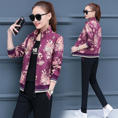 运动服套装女春秋女2020新款韩版时尚立领休闲印花色大码三件套潮