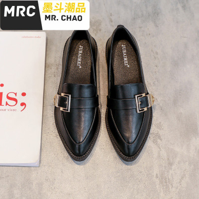 新款一脚蹬乐福鞋女尖头单鞋女小高跟英伦小皮鞋秋款女鞋墨斗潮品休闲鞋