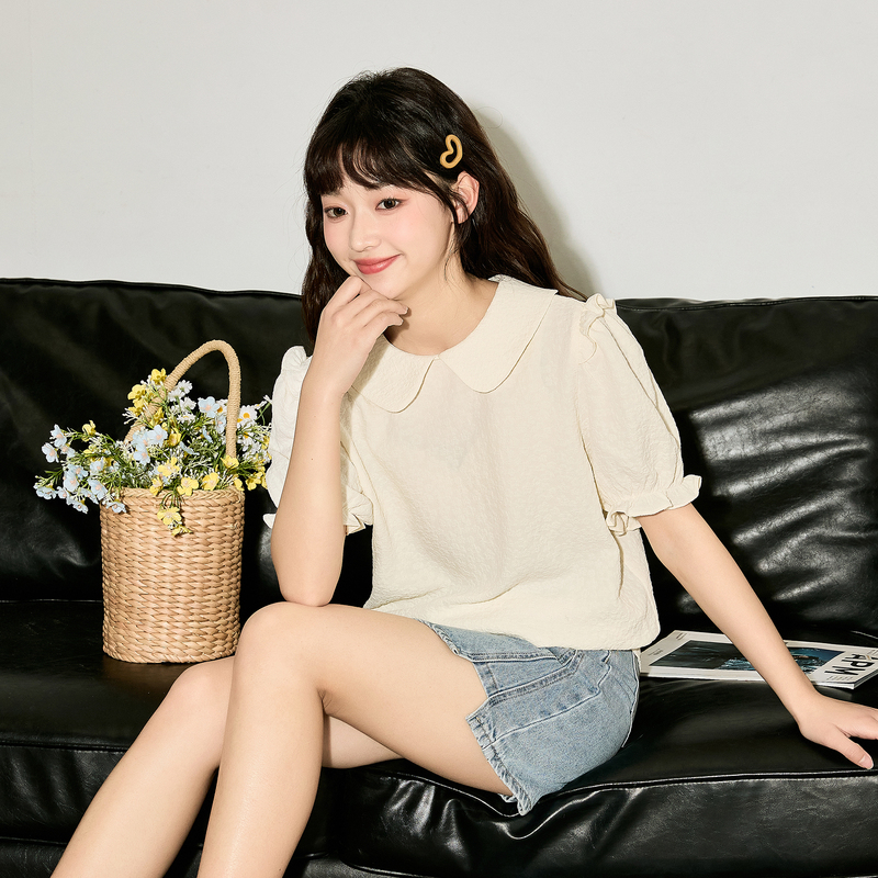 [2.5折价90元]唐狮春夏新款短袖衬衫女娃娃领泡泡袖肌理感衬衣甜美小个子