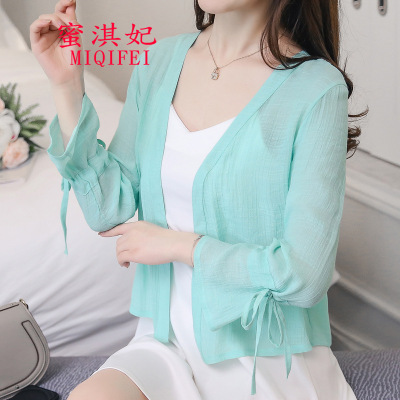 蜜淇妃2018夏季新款薄外套短袖小坎肩外衣雪纺小外搭女短款小披肩空调空条衫