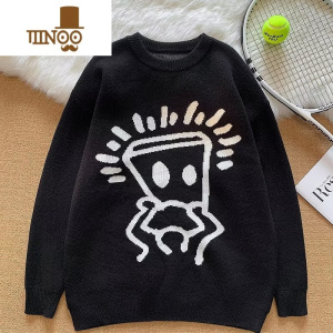YANXU卡通印花圆领毛衣男士新款百搭针织衫ins潮牌宽松套头打底衫