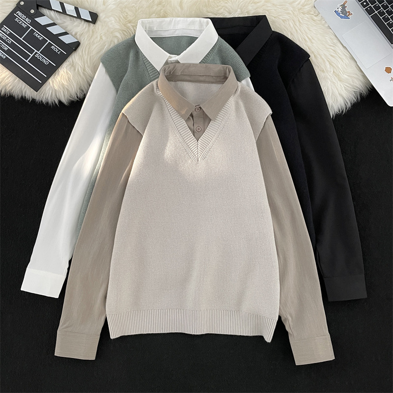 男装秋季新款日系假两件长袖衬衫男针织毛衣美式宽松学院风男衬衣