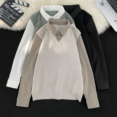 男装秋季新款日系假两件长袖衬衫男针织毛衣美式宽松学院风男衬衣