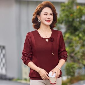 2026年女士休闲中年上衣女春秋新款长袖妈妈装圆领女中老年女装衣
