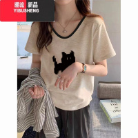 YIBUSHENG短袖t恤女2024季新款高级感小v领撞色韩系小众百搭上衣印花