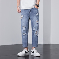 乞丐九分大码裤男士萝卜裤薄款破洞牛仔裤春夏宽松子韩版胖子潮牌