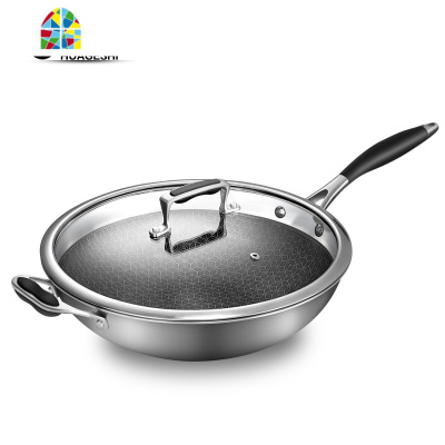 304不锈钢炒锅无油烟不粘锅多功能家用炒菜电磁炉燃气适用 FENGHOU 34cm全面屏不锈钢色(豪华盖)