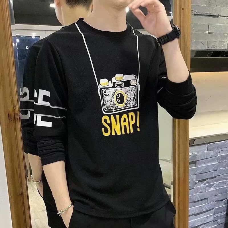 长袖T恤男秋季新款韩版校园简约修身薄休闲圆领印花潮流上衣帅气