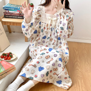 新款秋冬季长袖睡裙女士韩版可爱卡通宽松加大码家居服套装可外穿