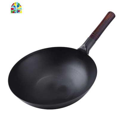 老式手工锻打炒锅锅传统章丘家用无涂层燃气灶圆底锅具熟铁锅 FENGHOU 熟铁锅36CM带耳送盖(1-7人)