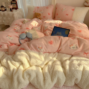 ins小波点牛奶绒拼接羊羔绒加厚四件套少女心韩系双面绒被套床单4